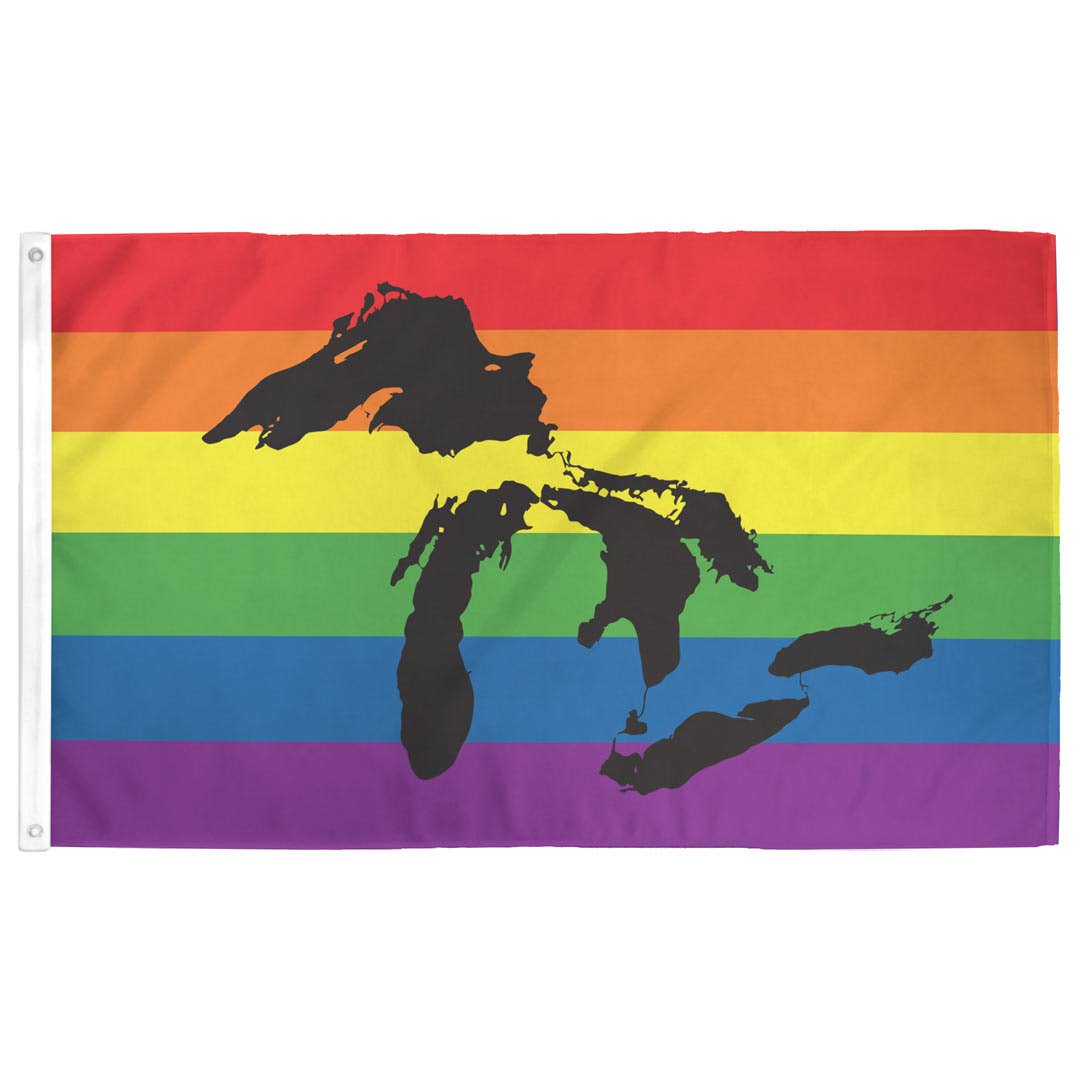 Rainbow flag with black silhouette of the Great Lakes on a white background