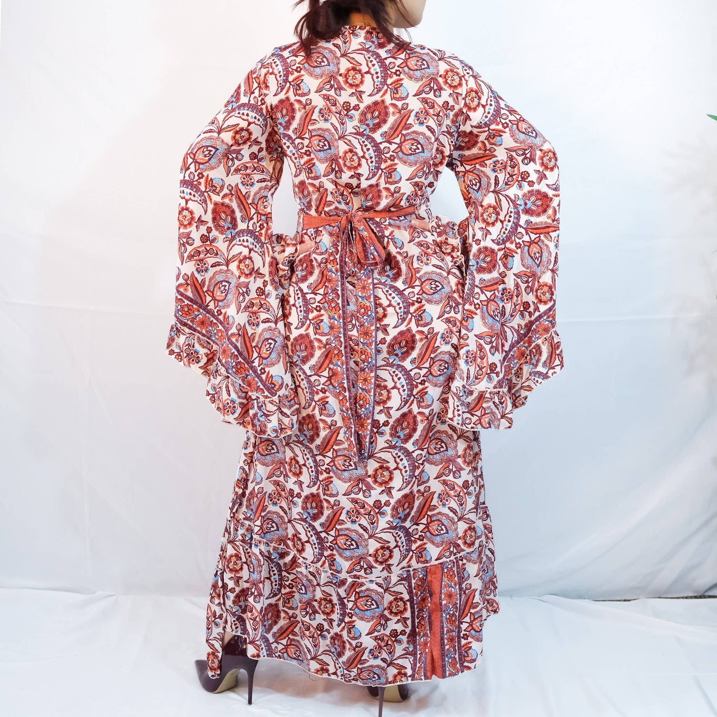 Long Maxi Wrap Dress with Ruffle Sleeve