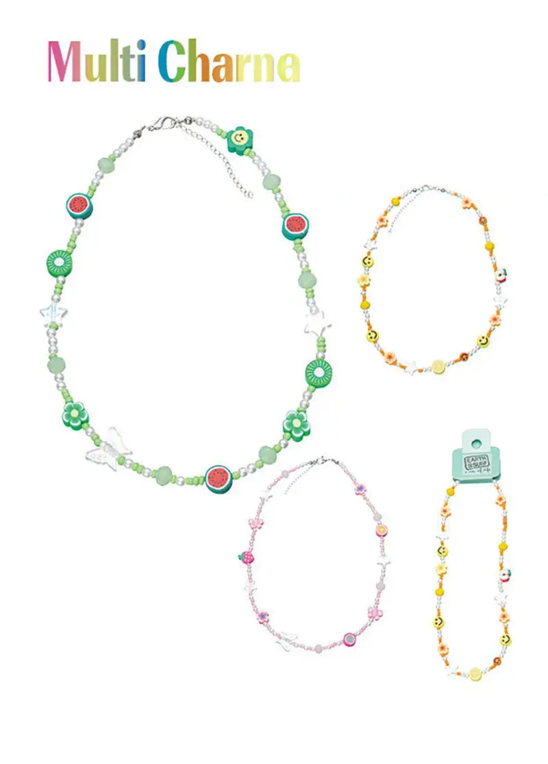 Set of colorful beaded necklaces and bracelets with 'Multi Charme' branding on a white background.