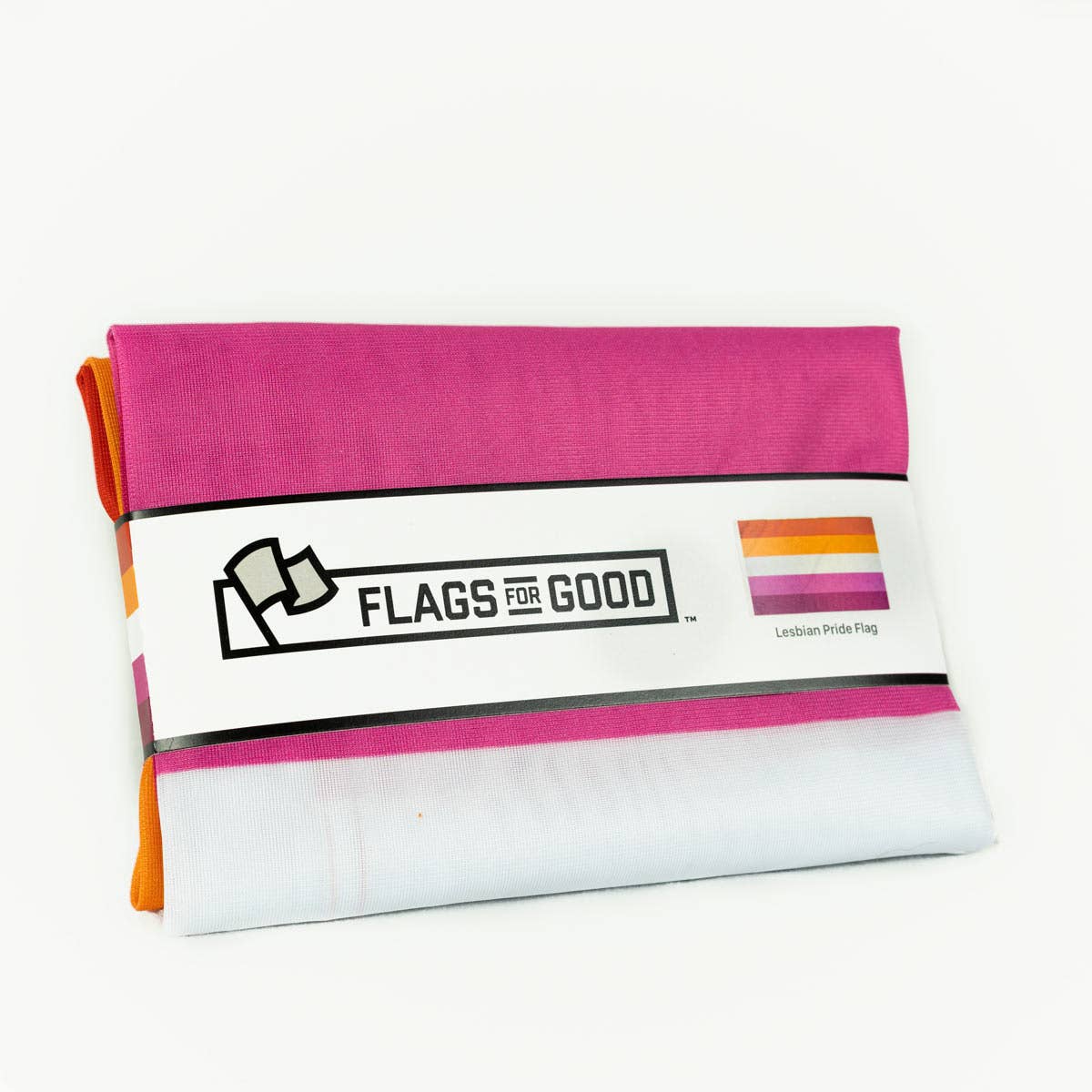 Folded pink and white flag with 'Flags for Good' logo on a white background
