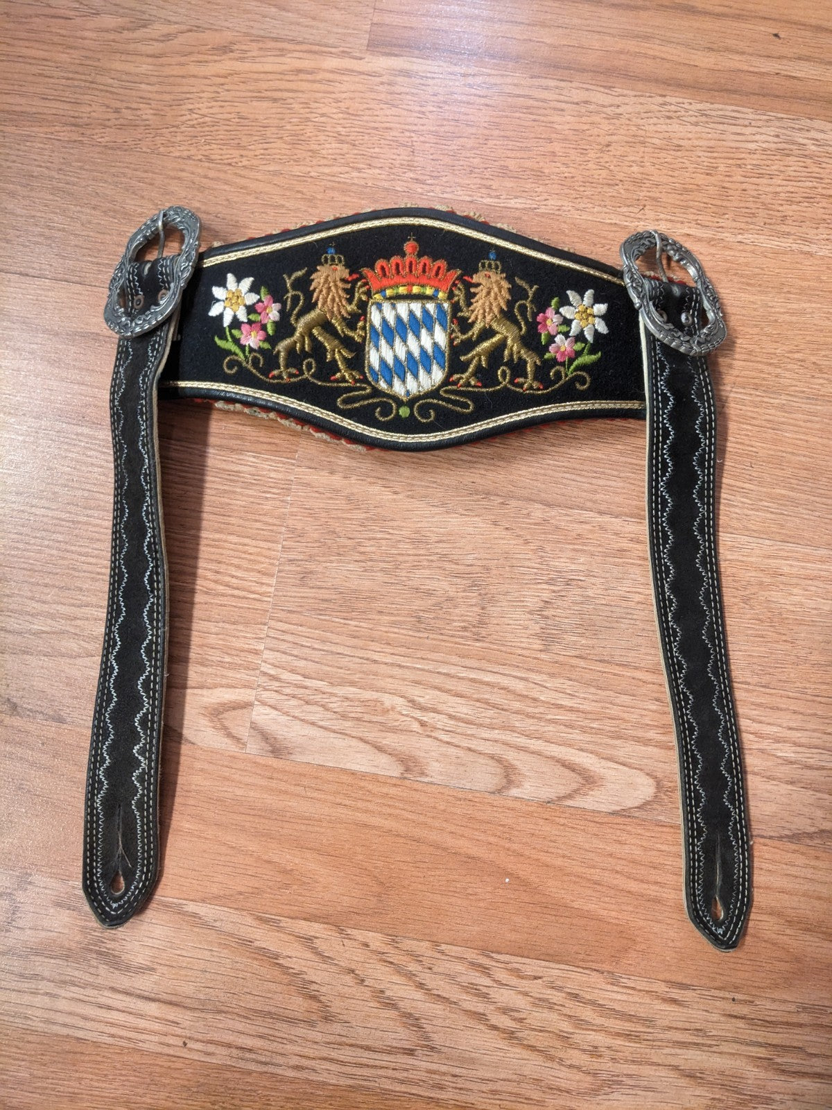 Vintage Leather Suspenders braces for Lederhosen Shorts Black w Buckles Crest