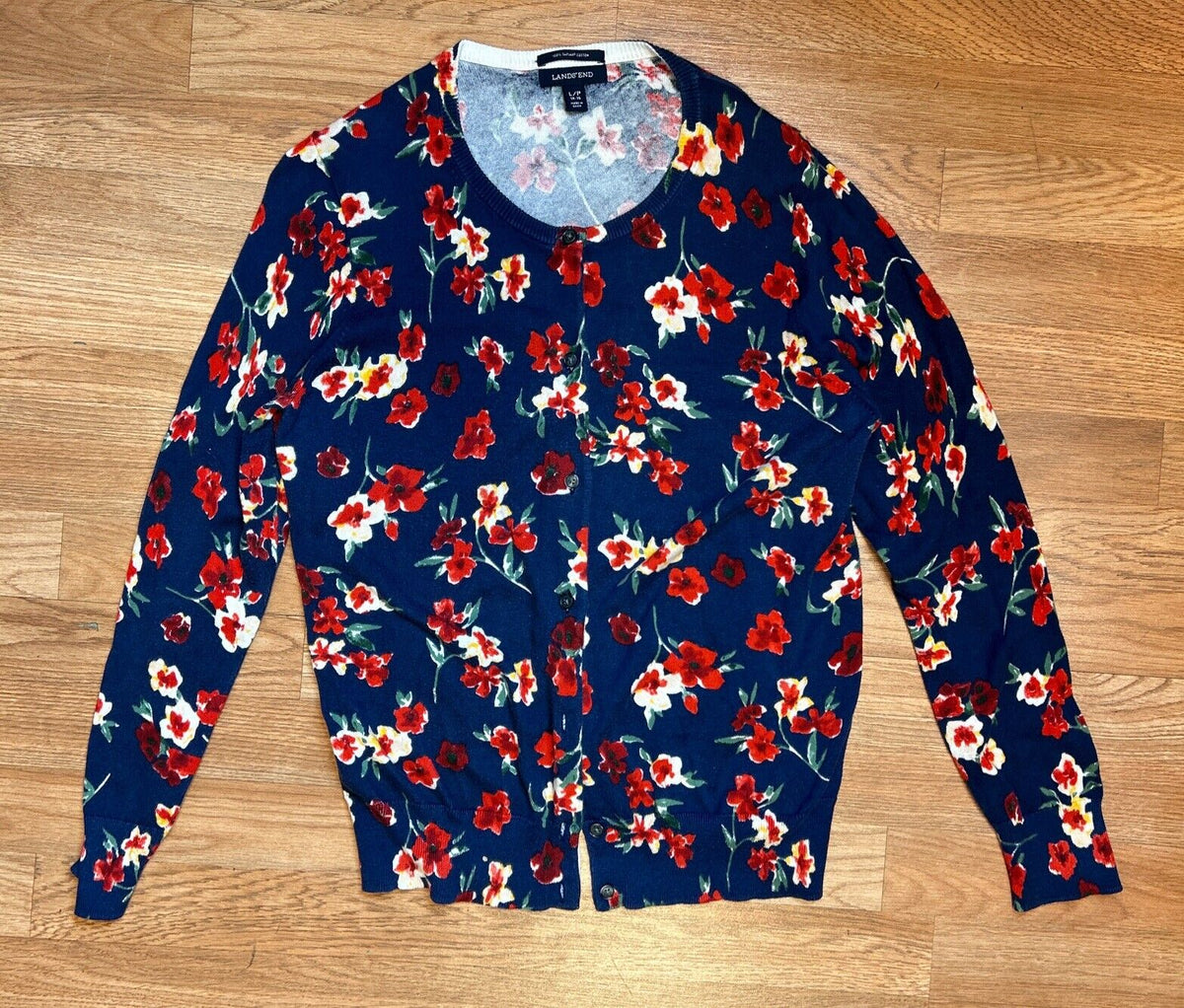 Lands End Cardigan Womens Large Petite Navy Red Floral Supima Sweater