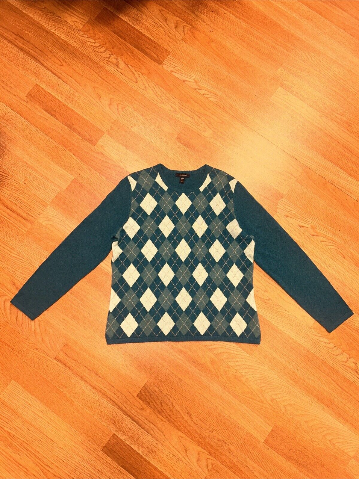 LANDS’ END Blue/Blue Argyle 100% Cashmere sweater Long Sleeve Large petite