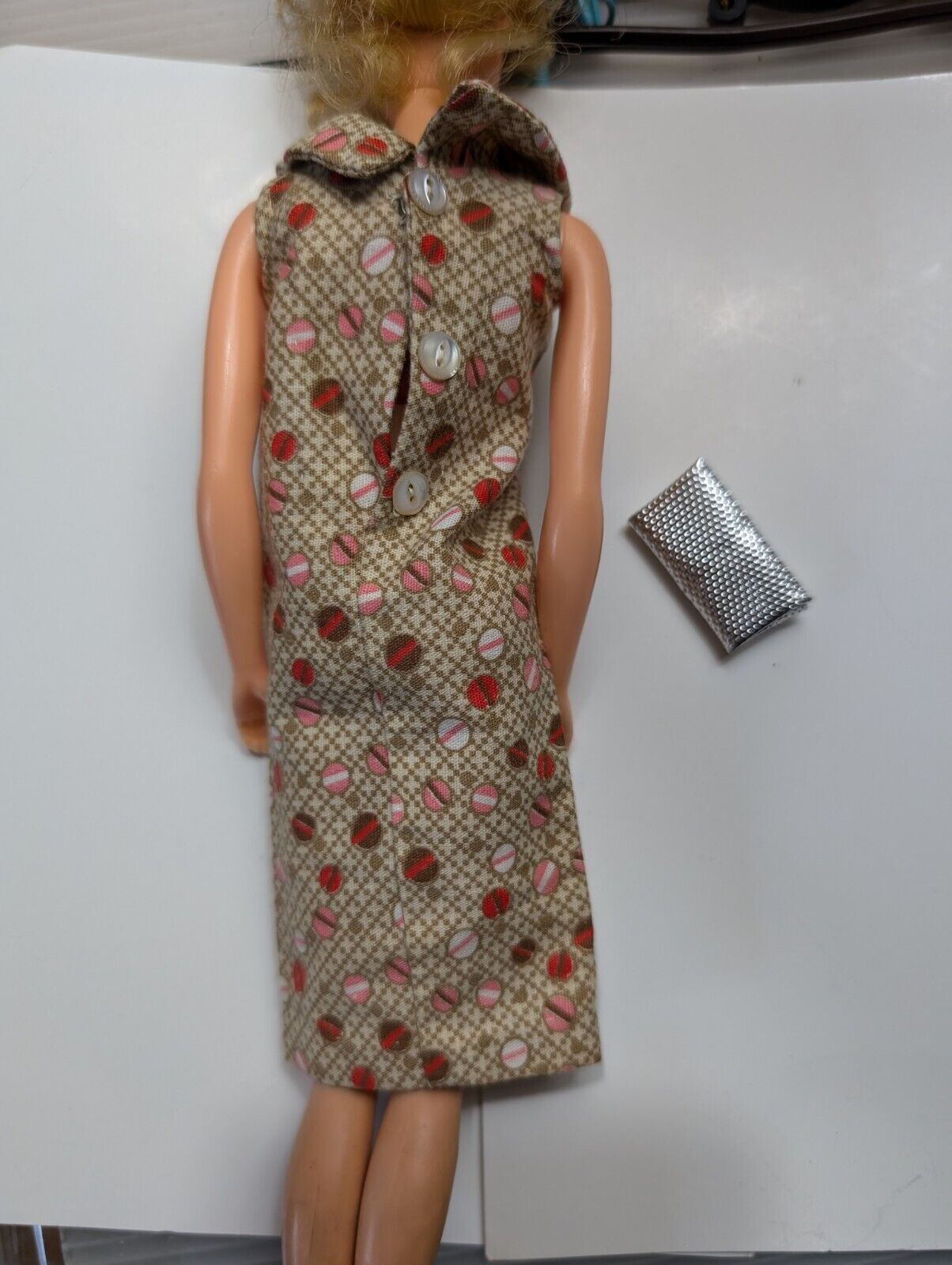 Vintage Pink Brown Polka Dot Sheath Dress Handmade For Dolls Barbie W Purse