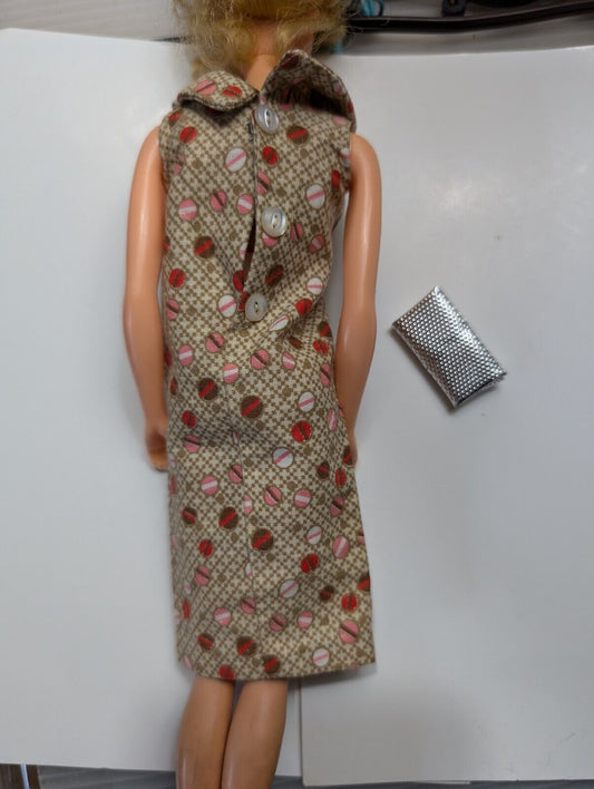 Vintage Pink Brown Polka Dot Sheath Dress Handmade For Dolls Barbie W Purse