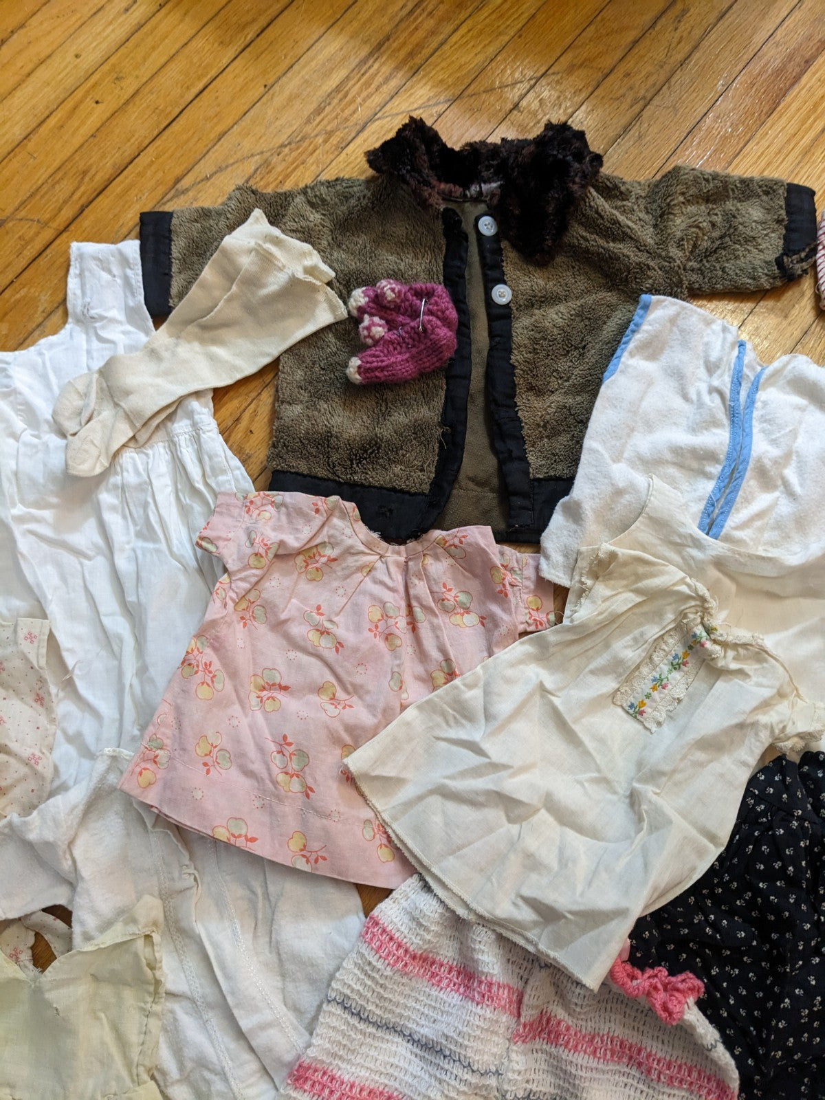 Lot of Antique Doll Clothes Handmade Coats Slips Dresses Skirts Bonnet As Is