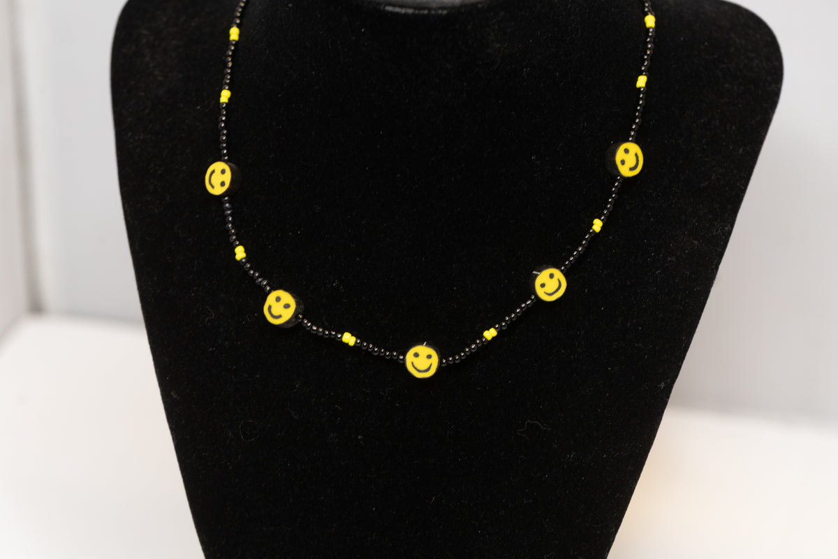 Black & Yellow Smiley Face Beaded Choker Necklace