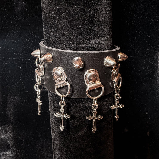 Gothic Cross Charm Studded Faux Leather Bracelet