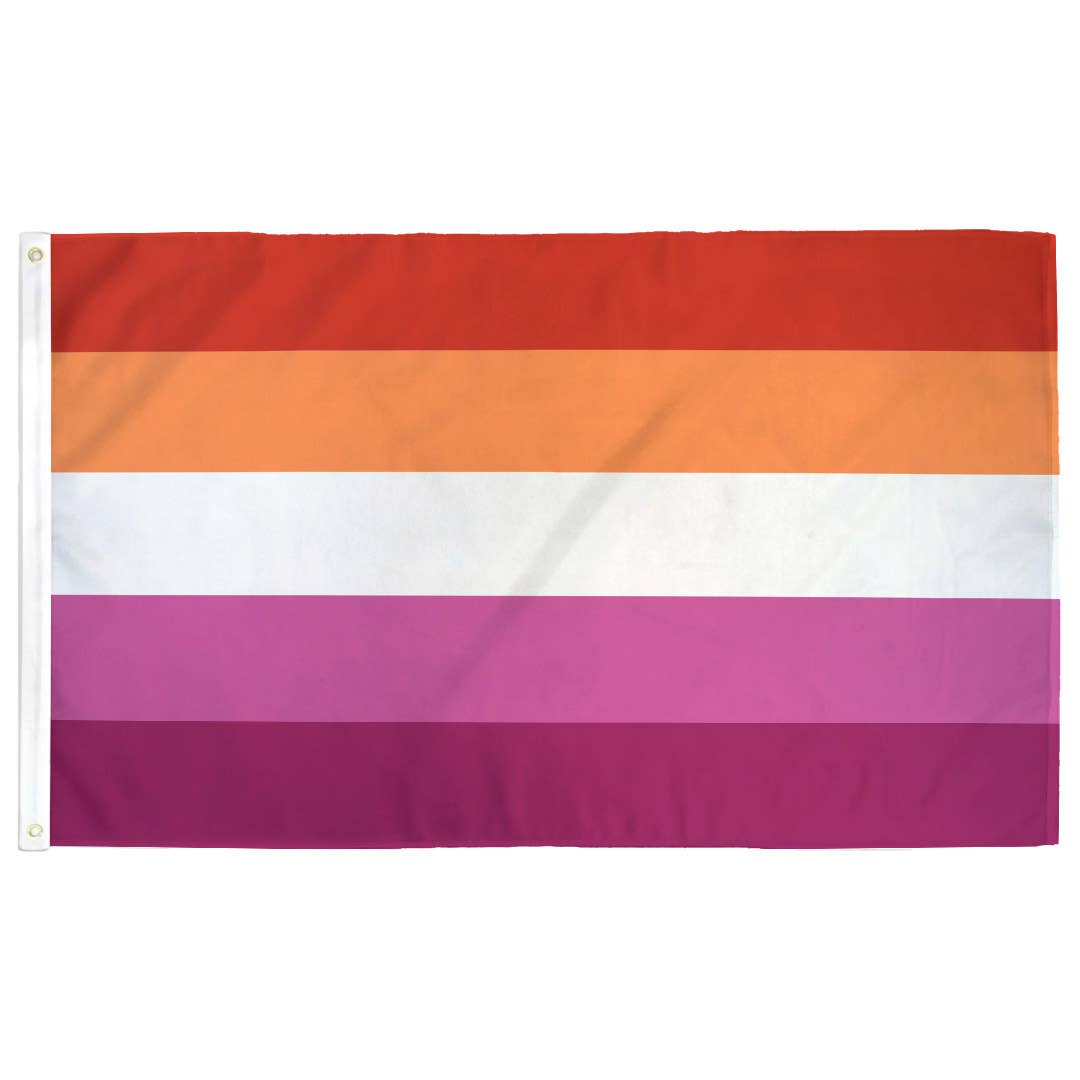 Flag with horizontal stripes of red, orange, white, and purple on a white background
