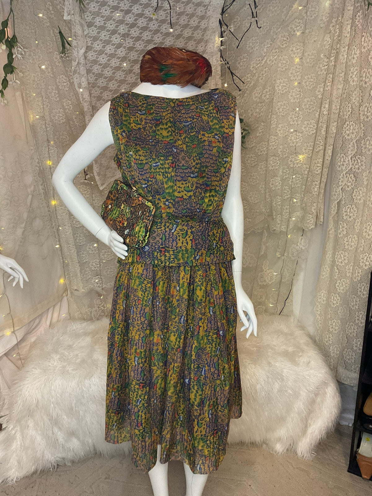 Two piece silk chiffon pheasant dress with matching purse and feather hat size medium