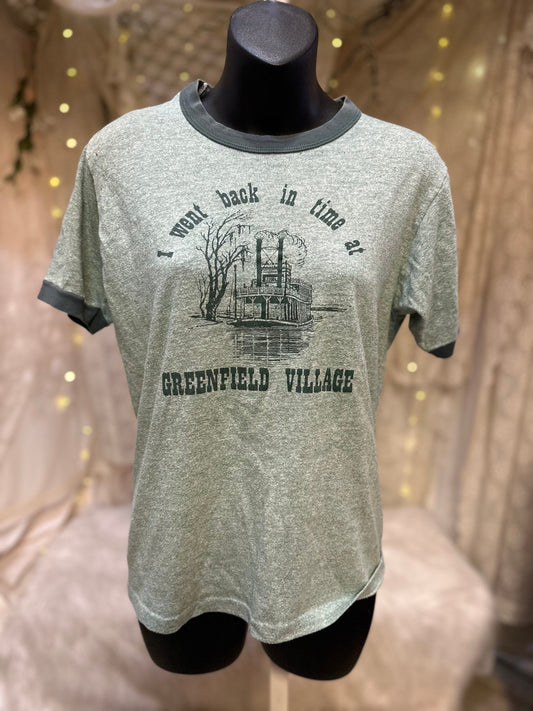 1970's Graphic Ringer T-shirt, "I went back in time at Greenfield Village" Size M As Is