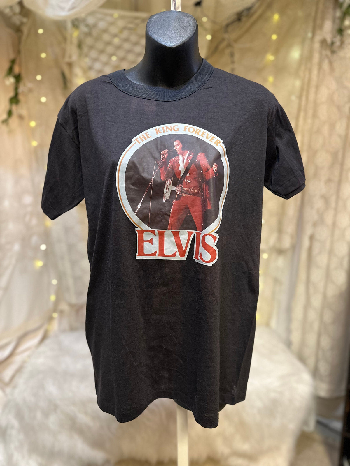1970's Era Black Transfer Print Elvis Shirt Size M As is - House of Dow