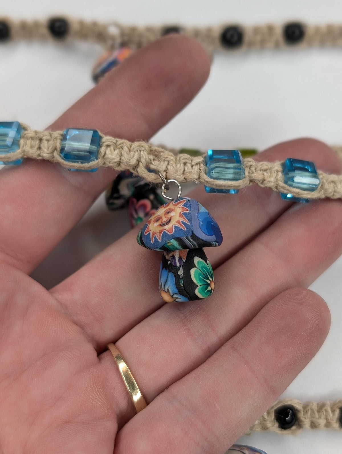 90s y2k vintage deadstock hemp macrame fimo clay mushroom Hippie necklace - House of Dow