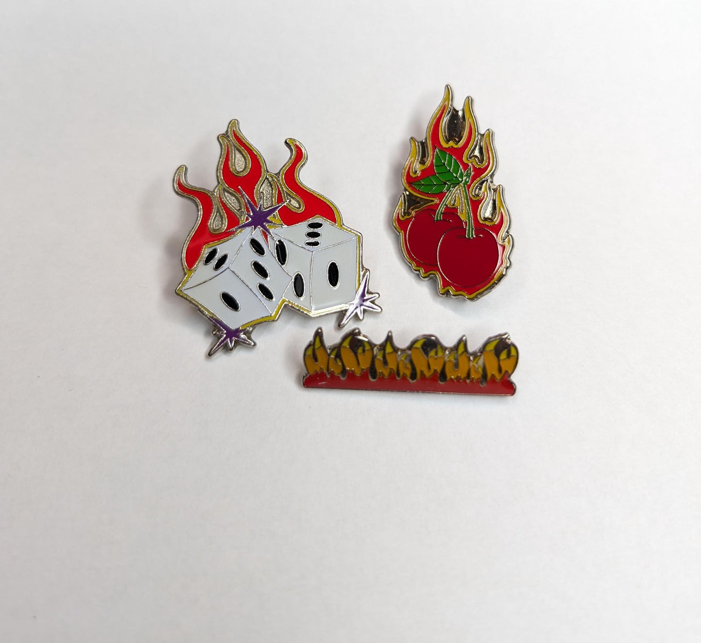 90s Pin Flame Trio Fire and Dice and Cherries Hot Rod Rockabilly