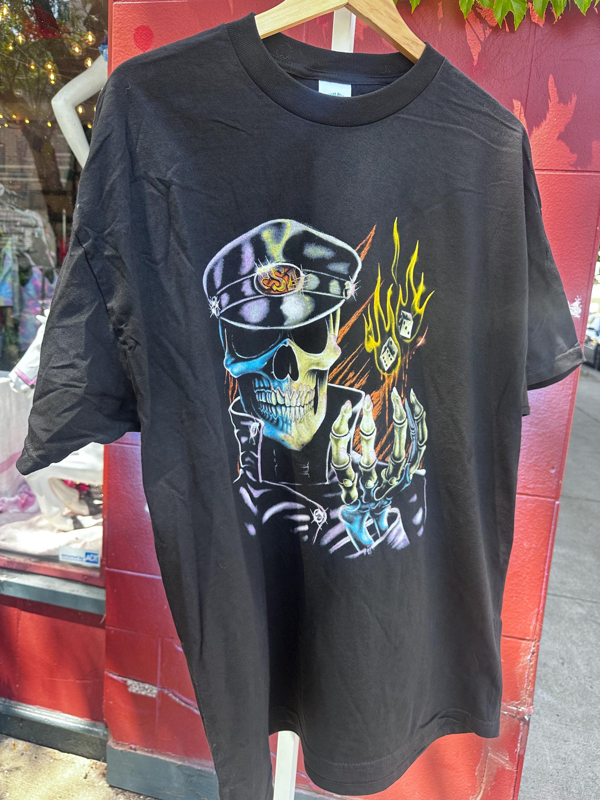 90’s Deadstock Skull Biker Dice Flames T-Shirt motorcycle - House of Dow