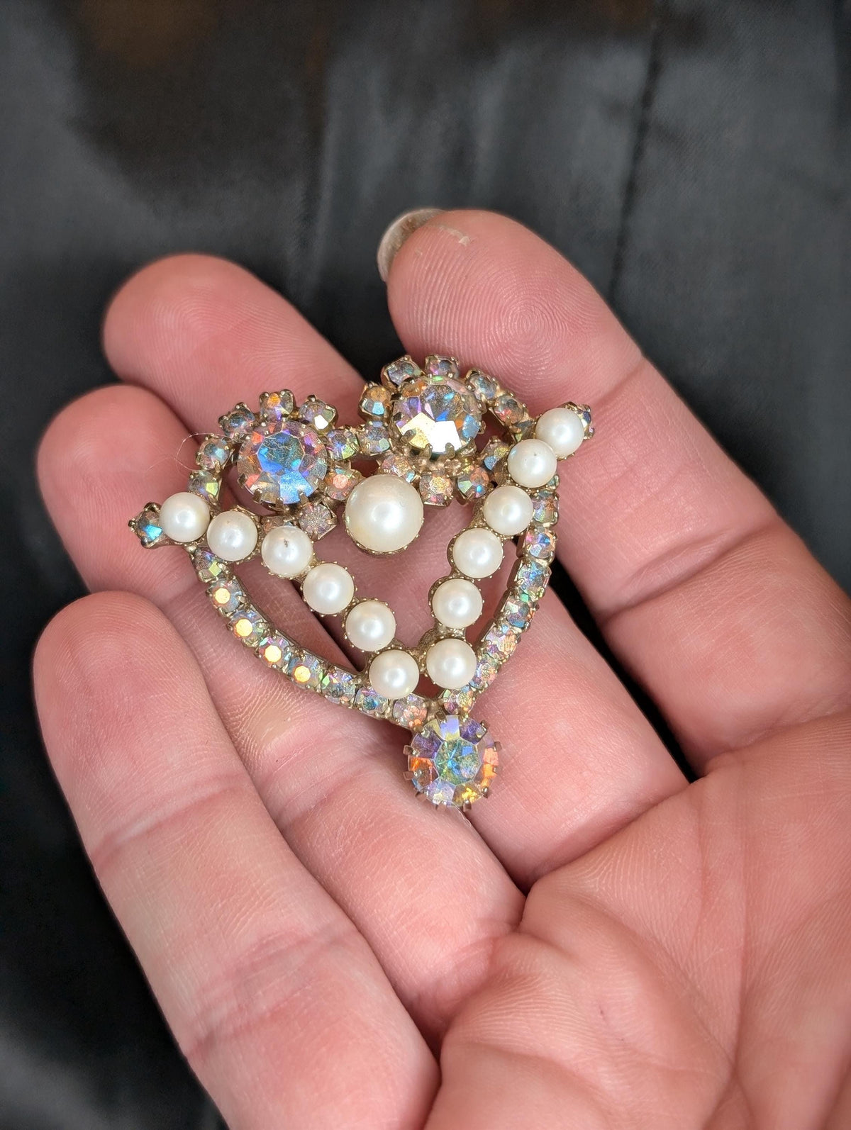 Pearl and AB rhinestone heart shaped vintage brooch - House of Dow