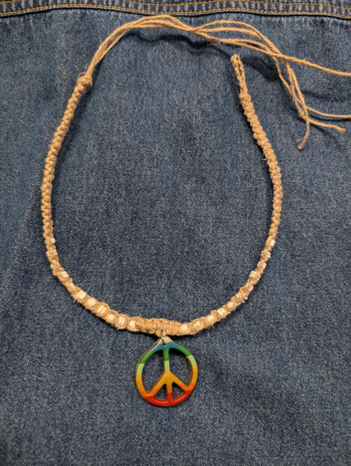90s y2k vintage deadstock hemp macrame rainbow peace sign Hippie necklace - House of Dow