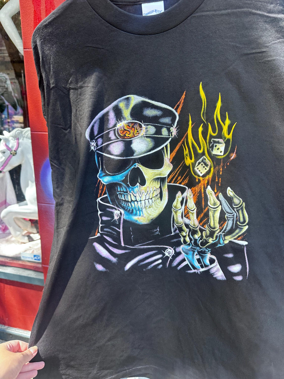 90s Deadstock Skull Biker Dice Flames T-Shirt motorcycle - House of Dow