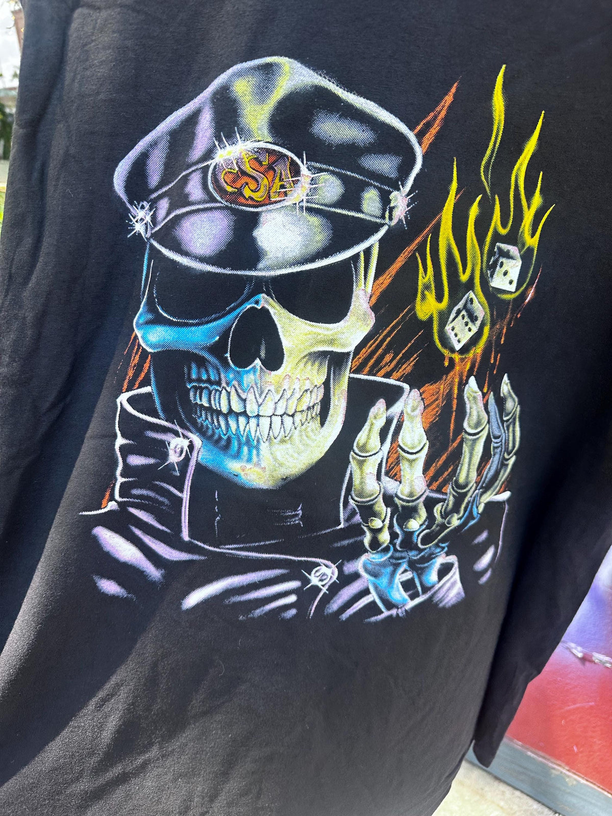 90’s Deadstock Skull Biker Dice Flames T-Shirt motorcycle - House of Dow