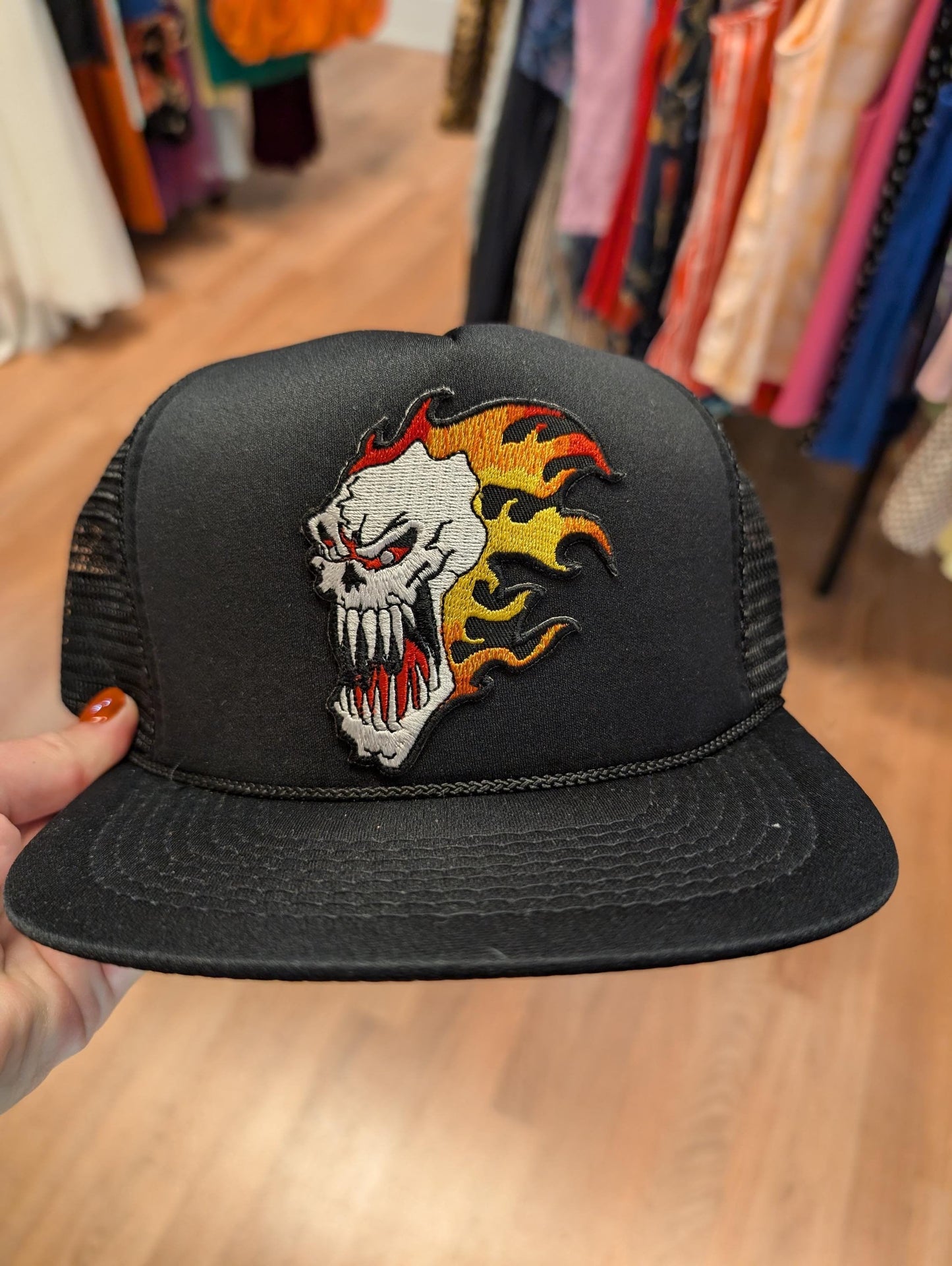 Deadstock Vintage Trucker Cap – Black with Flaming Skull Patch