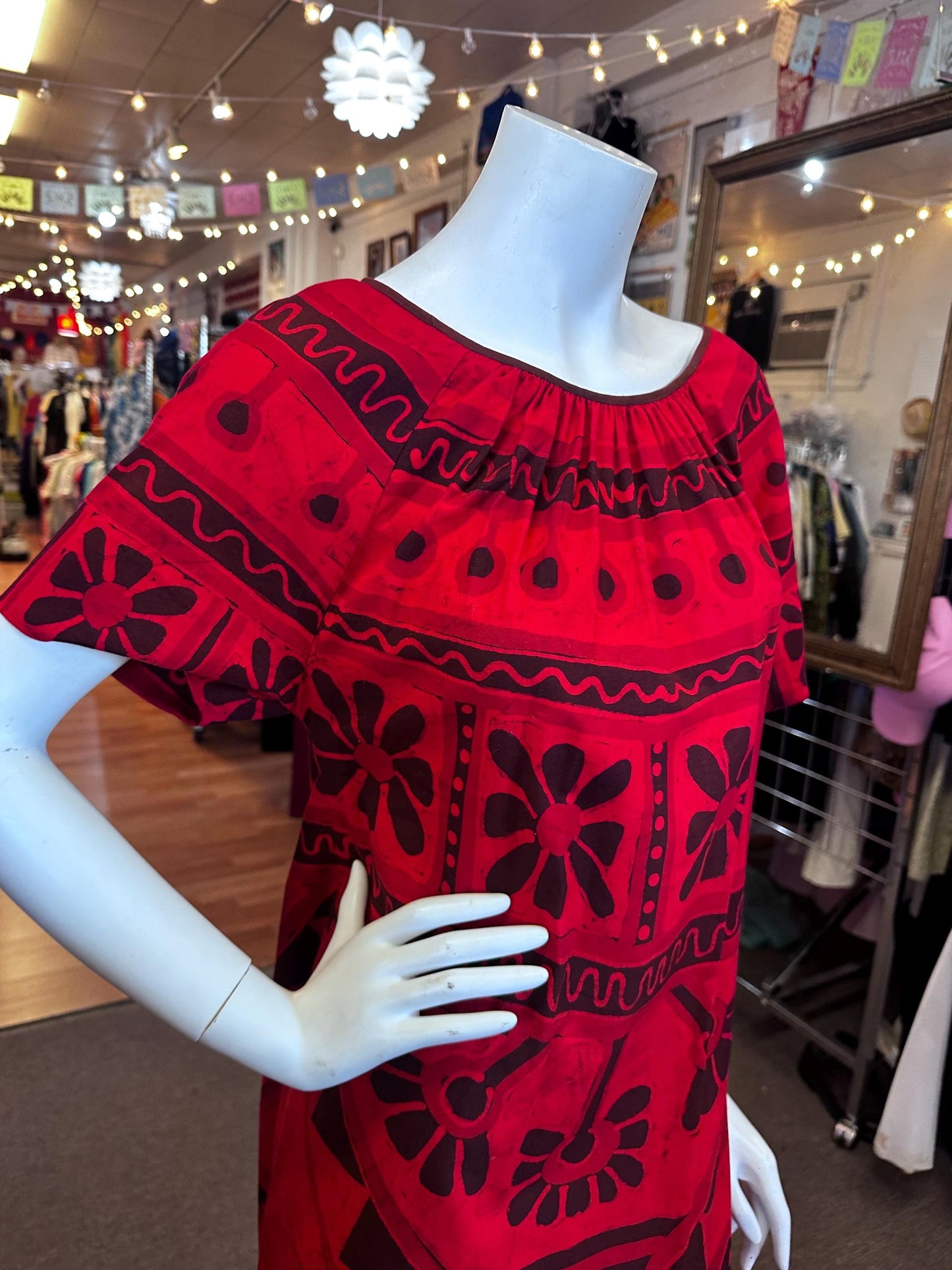 1970's Red Polynesian Cotton Maxi Dress