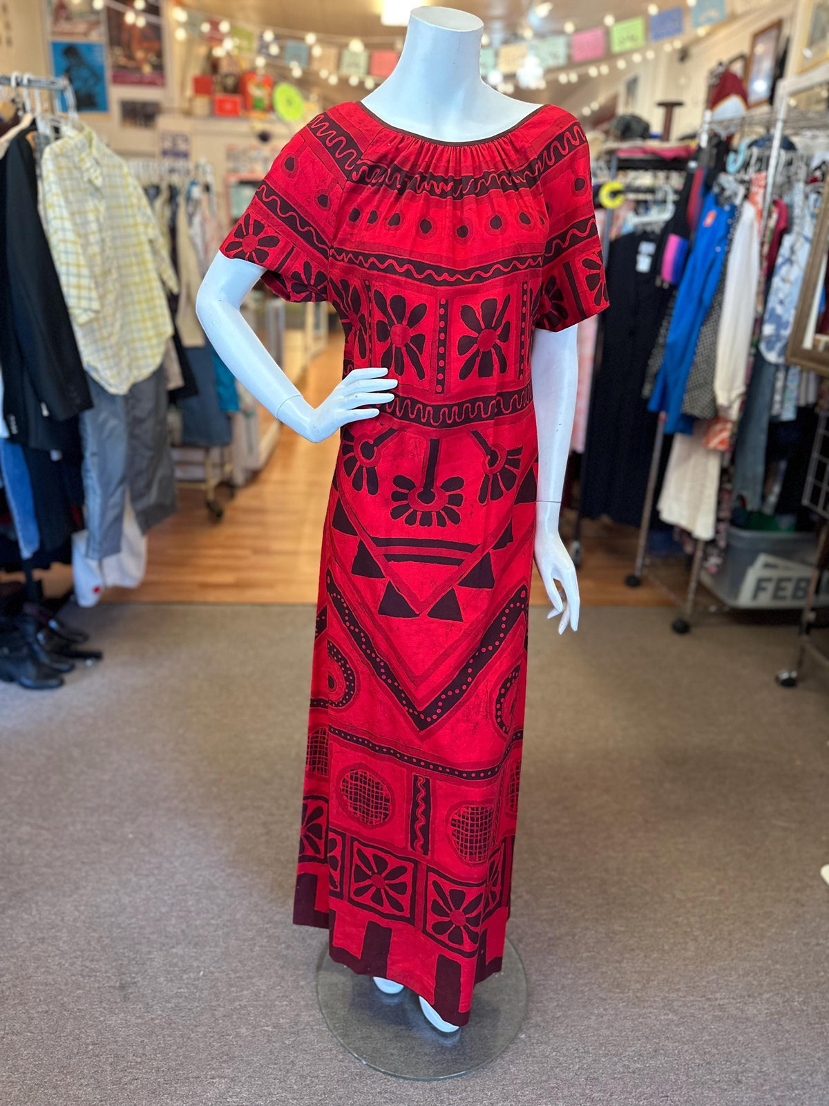1970's Red Polynesian Cotton Maxi Dress - House of Dow