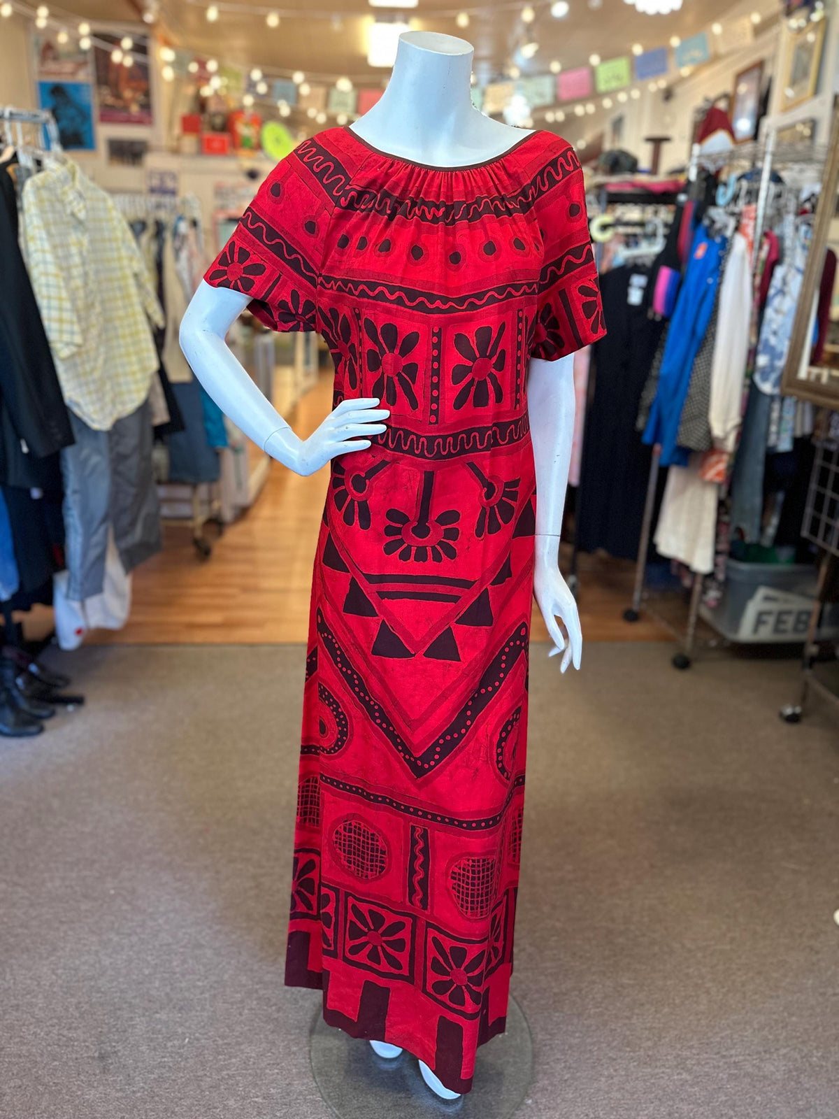 1970's Red Polynesian Cotton Maxi Dress - House of Dow