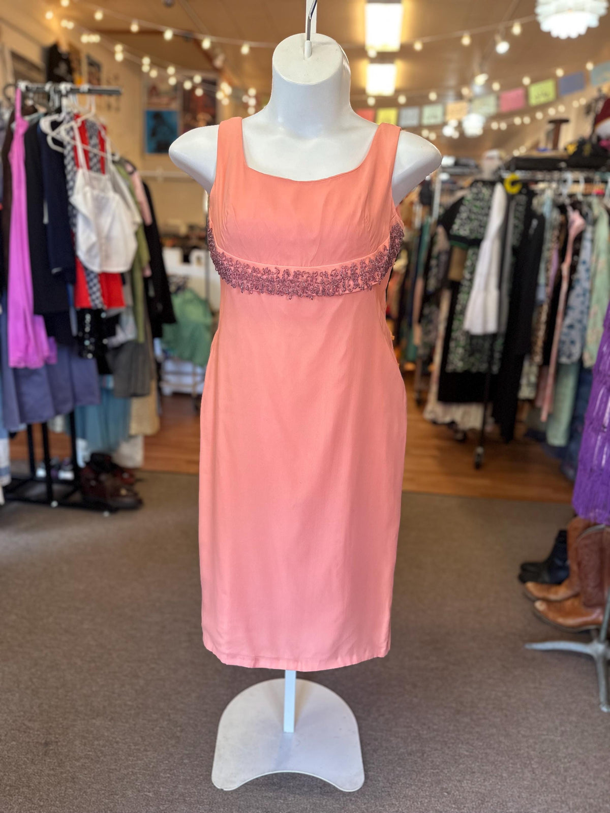 1950's Pink Anita Modes Beaded Shelf Bust Cocktail Dress Large - House of Dow