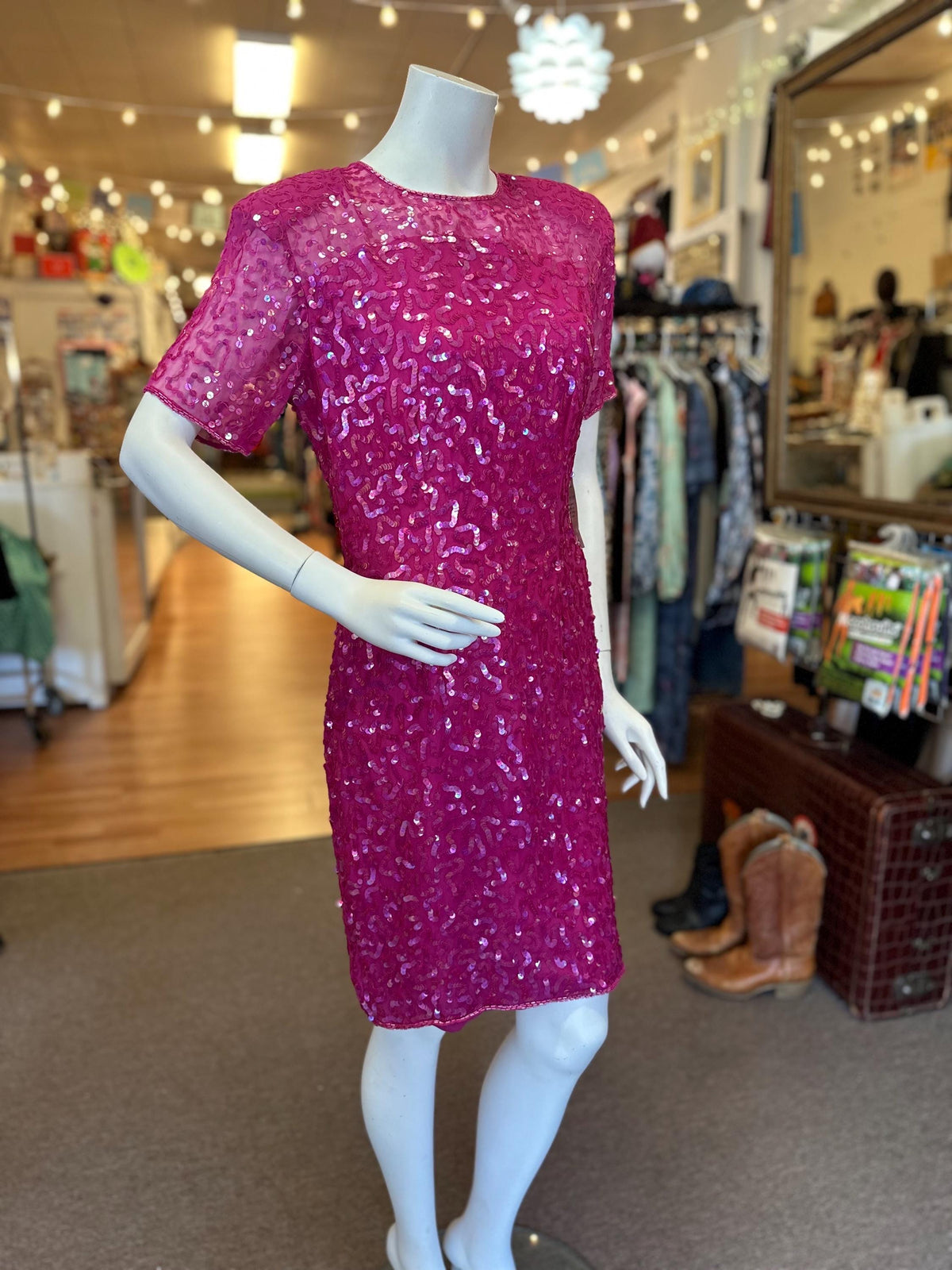 1980's Vintage Magenta Sequin Silk Stenay Cocktail Dress - House of Dow