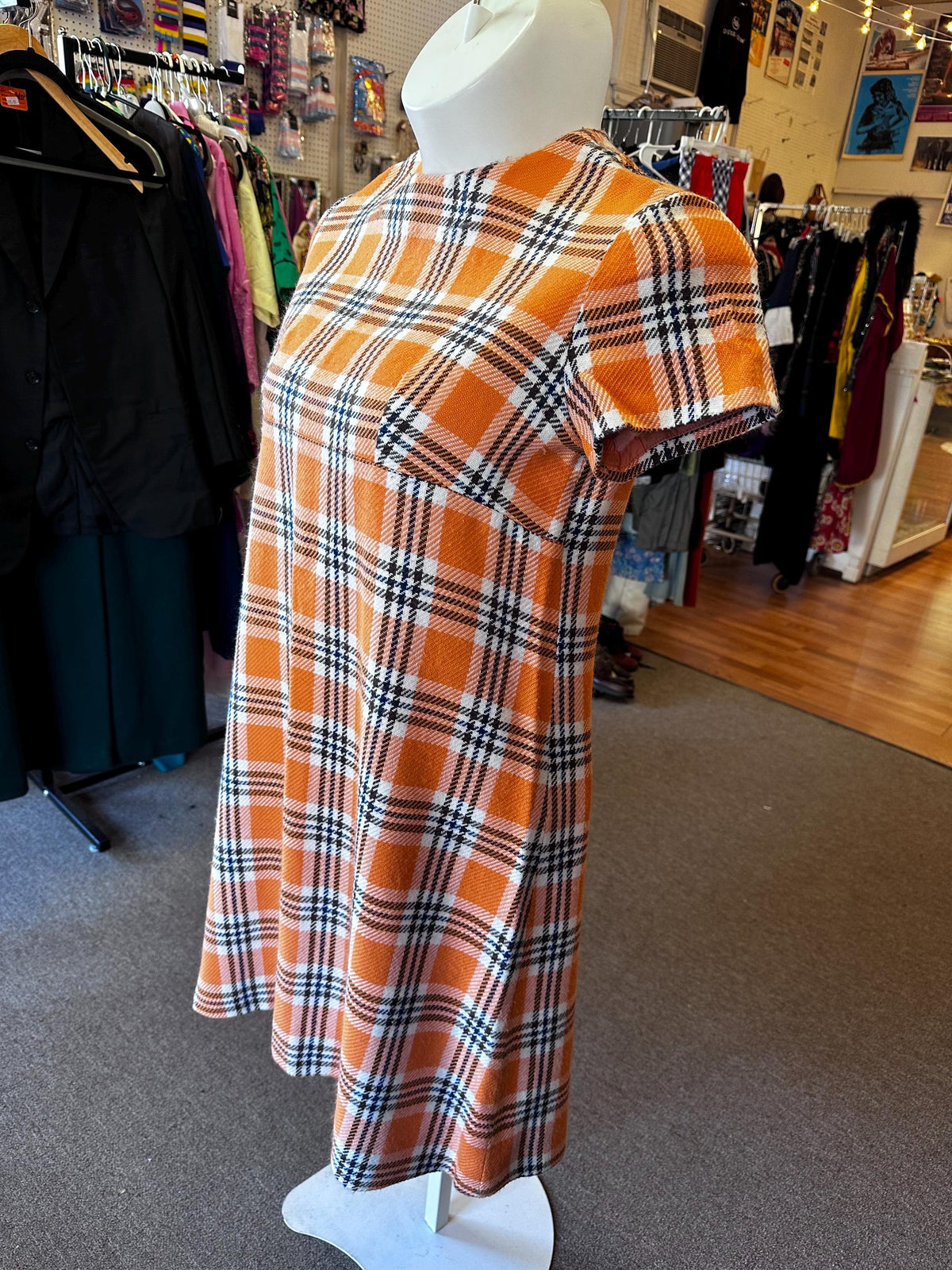 1960s Plus Size Knit Dress Orange Plaid XL