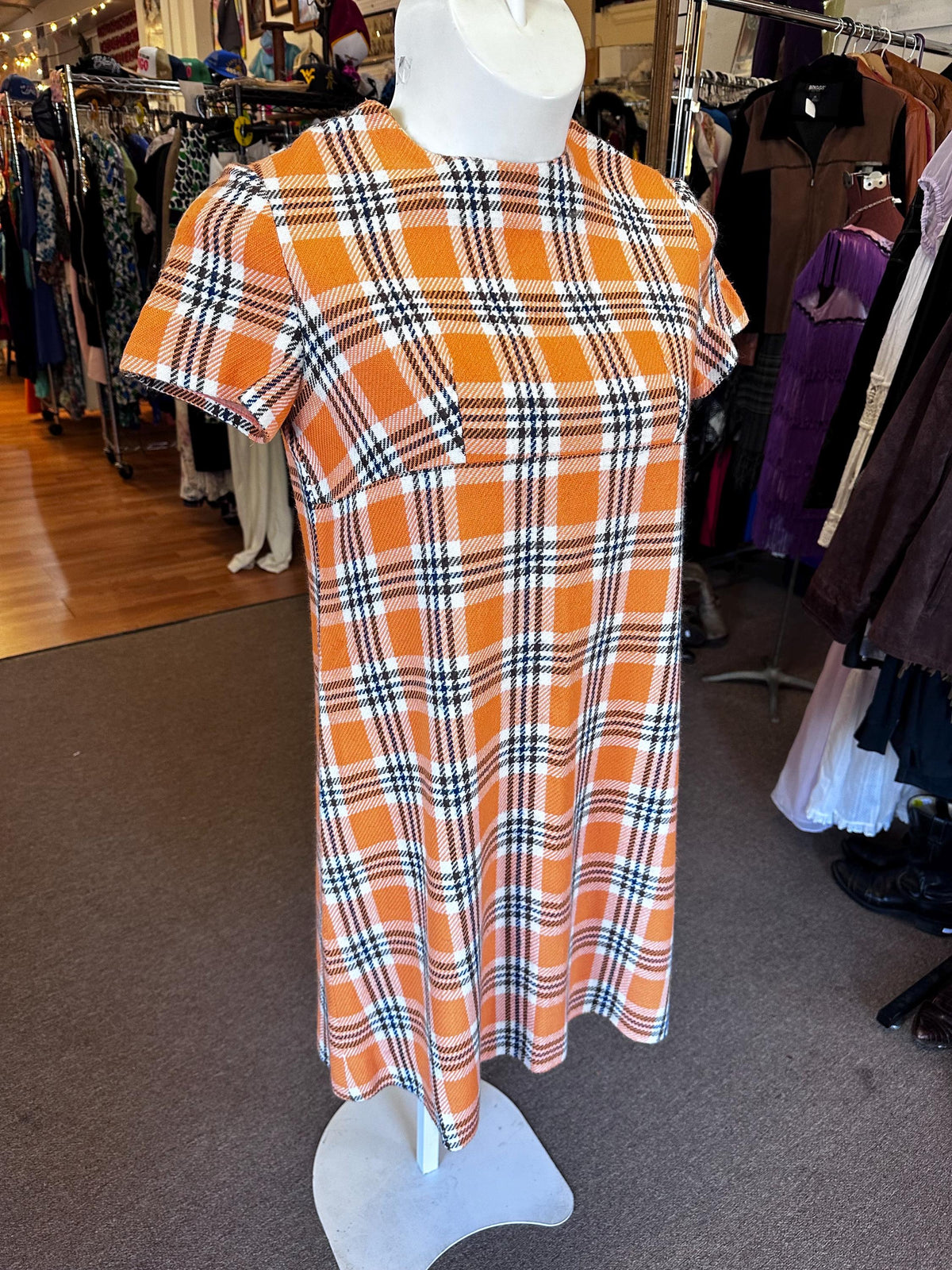 1960s Plus Size Knit Dress Orange Plaid XL