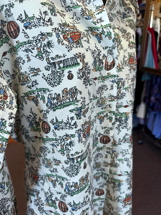 1970's Hot Air Balloon Print Pointed Collar Poleyster Buttondown