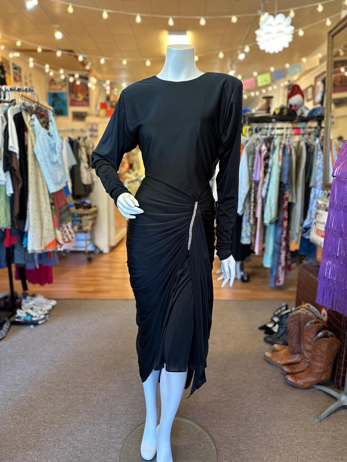 1980's Fishtail Ruching Mermaid Style Black Revenge Dress - House of Dow