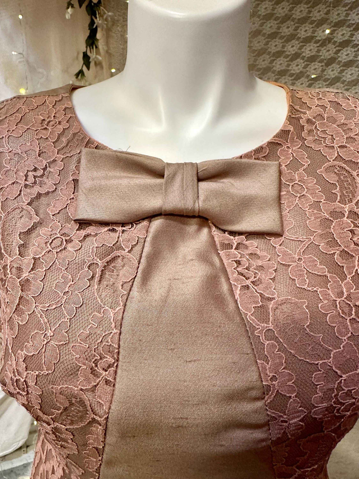 1960's Plus Size Taupe Raw Silk Dress with Blush Pink lace and Bow