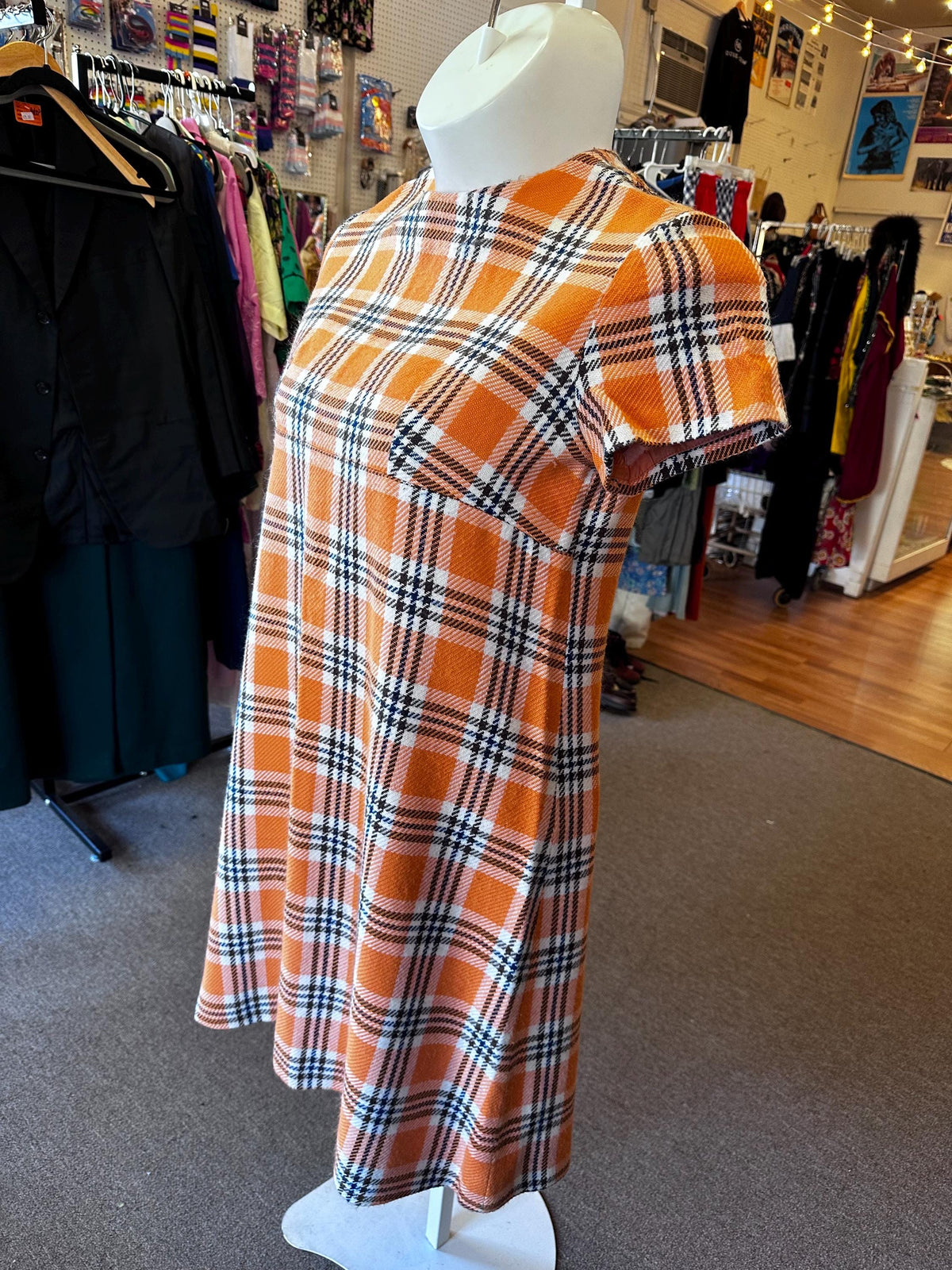 1960s Plus Size Knit Dress Orange Plaid XL