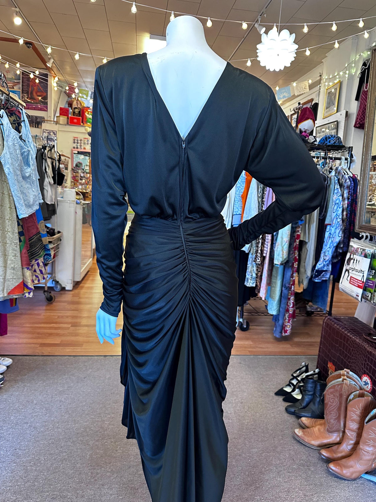 1980's Fishtail Ruching Mermaid Style Black Revenge Dress - House of Dow