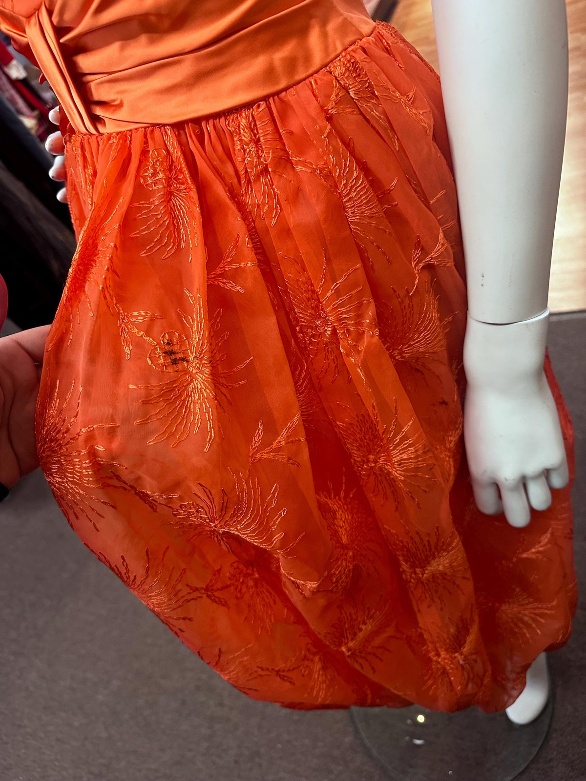1950's Juniors Orange Embroidered Formal Dress AS IS XS Fireworks Bubble Skirt