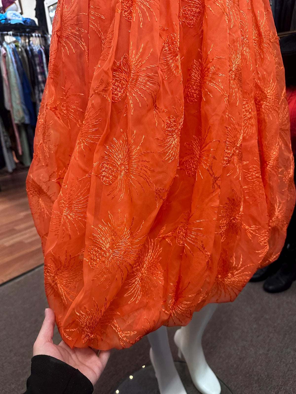 1950's Juniors Orange Embroidered Formal Dress AS IS XS Fireworks Bubble Skirt