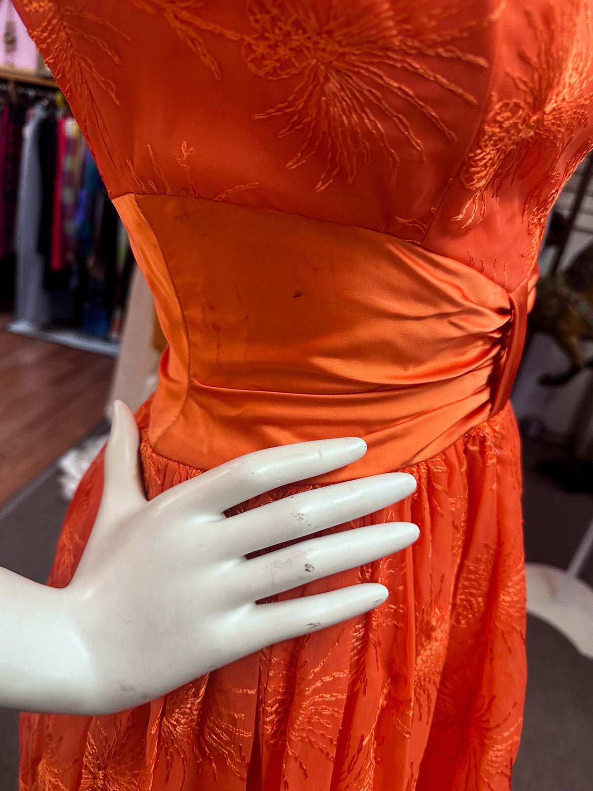 1950's Juniors Orange Embroidered Formal Dress AS IS XS Fireworks Bubble Skirt