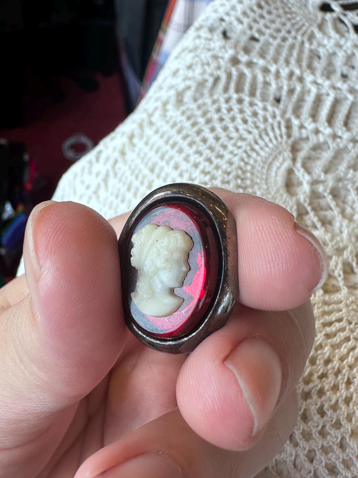 Vintage Sterling Silver White and Red Glass Cameo Pendant Slide - House of Dow