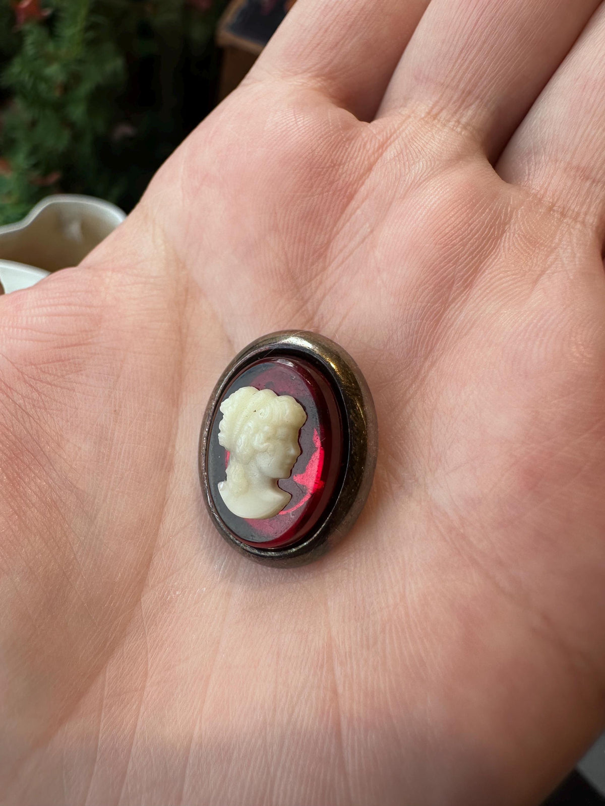 Vintage Sterling Silver White and Red Glass Cameo Pendant Slide - House of Dow