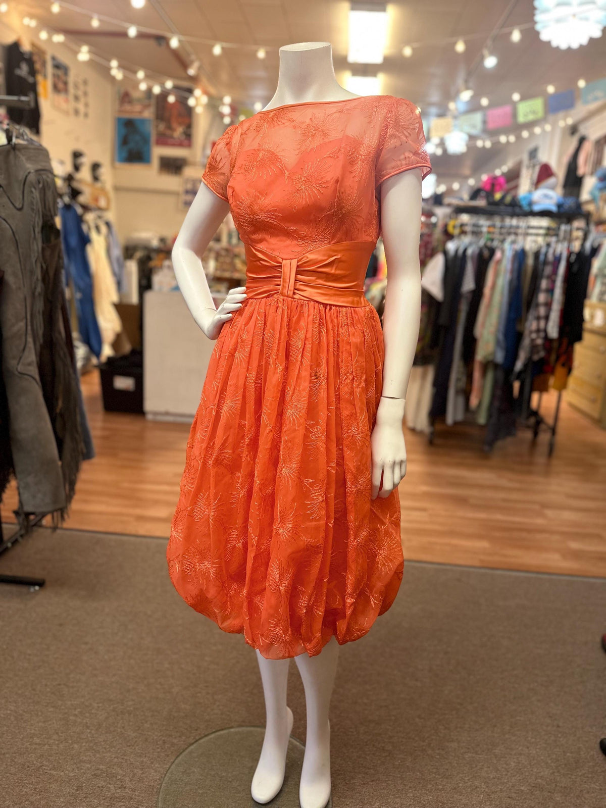 1950's Juniors Orange Embroidered Formal Dress AS IS XS Fireworks Bubble Skirt