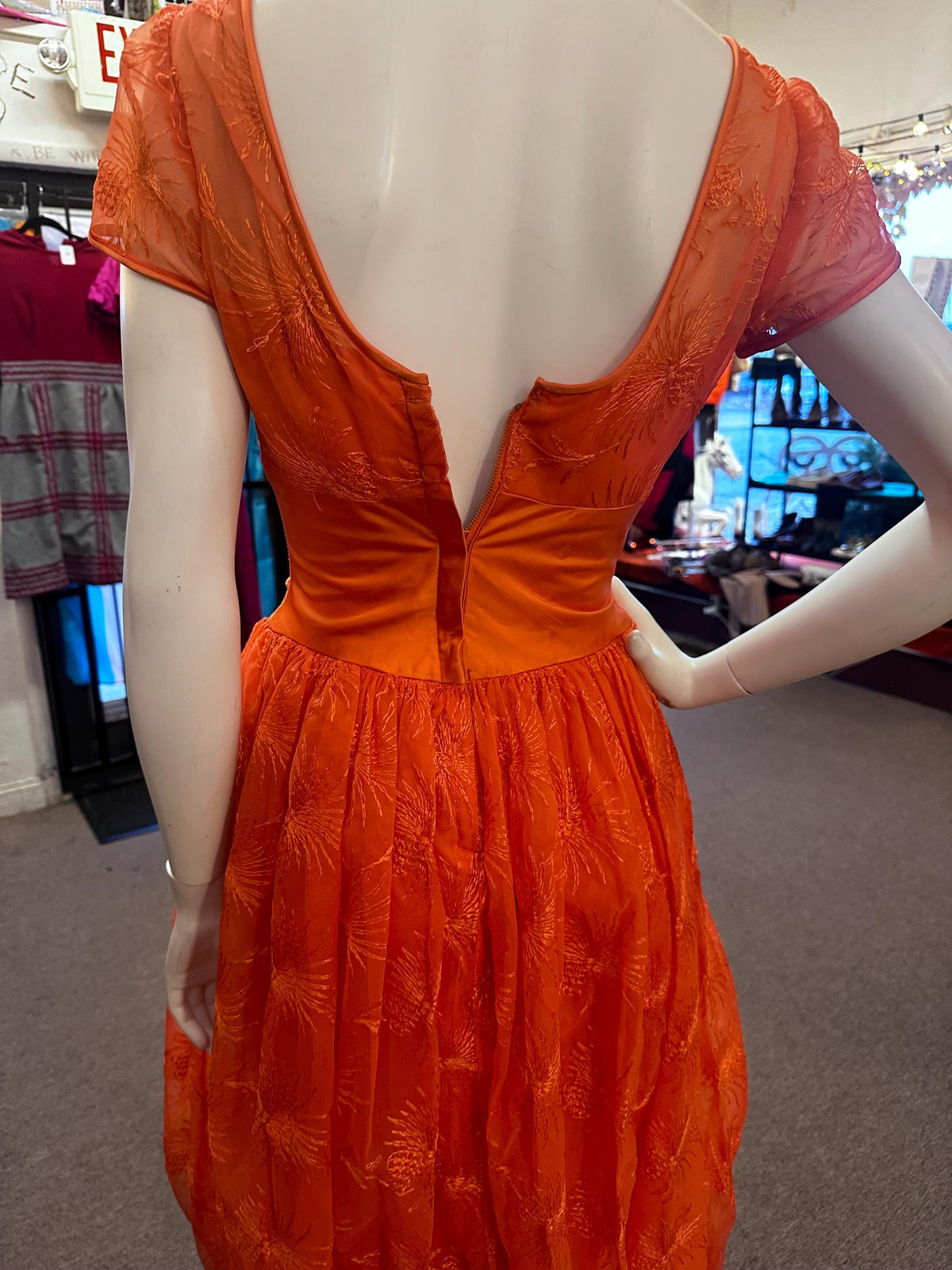 1950's Juniors Orange Embroidered Formal Dress AS IS XS Fireworks Bubble Skirt