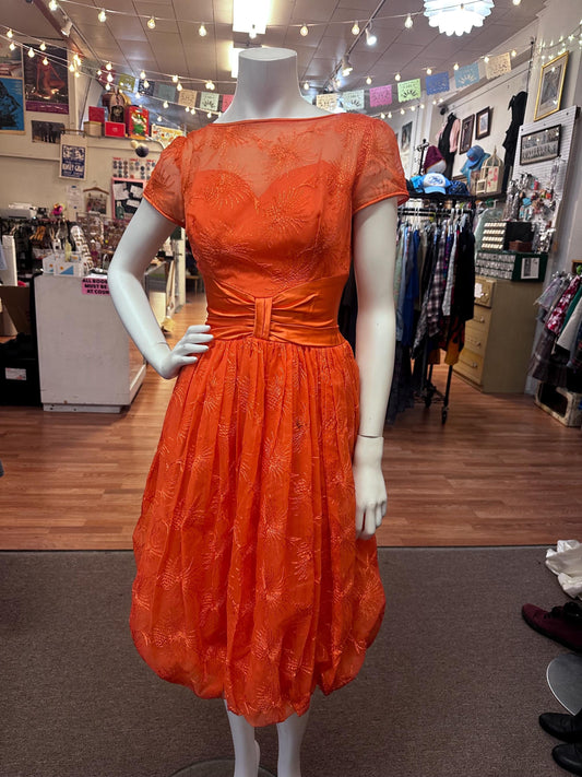 1950's Juniors Orange Embroidered Formal Dress AS IS XS Fireworks Bubble Skirt