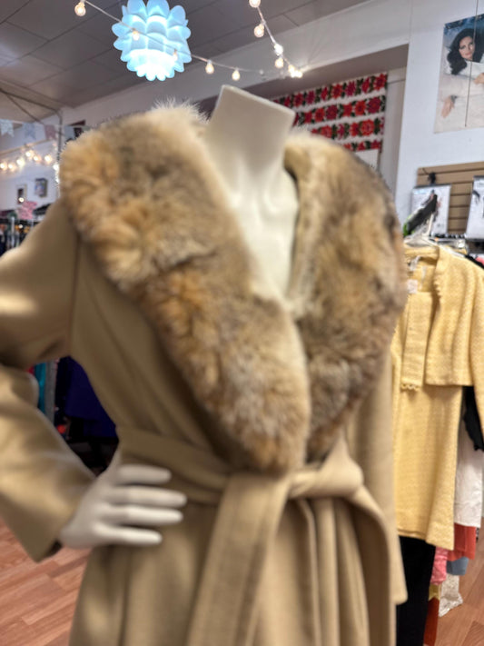 Vintage 60's Camel Color Wool with Real Fur Hood Robe Coat.