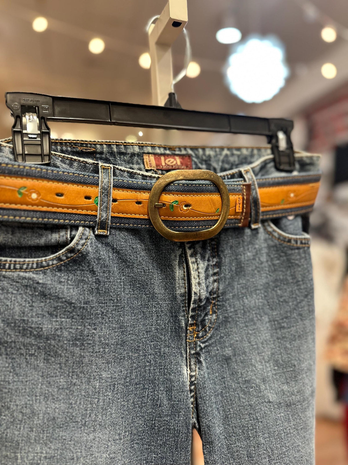 1970s Leather and Denim Hippie Flower Levis Belt XS-S - House of Dow