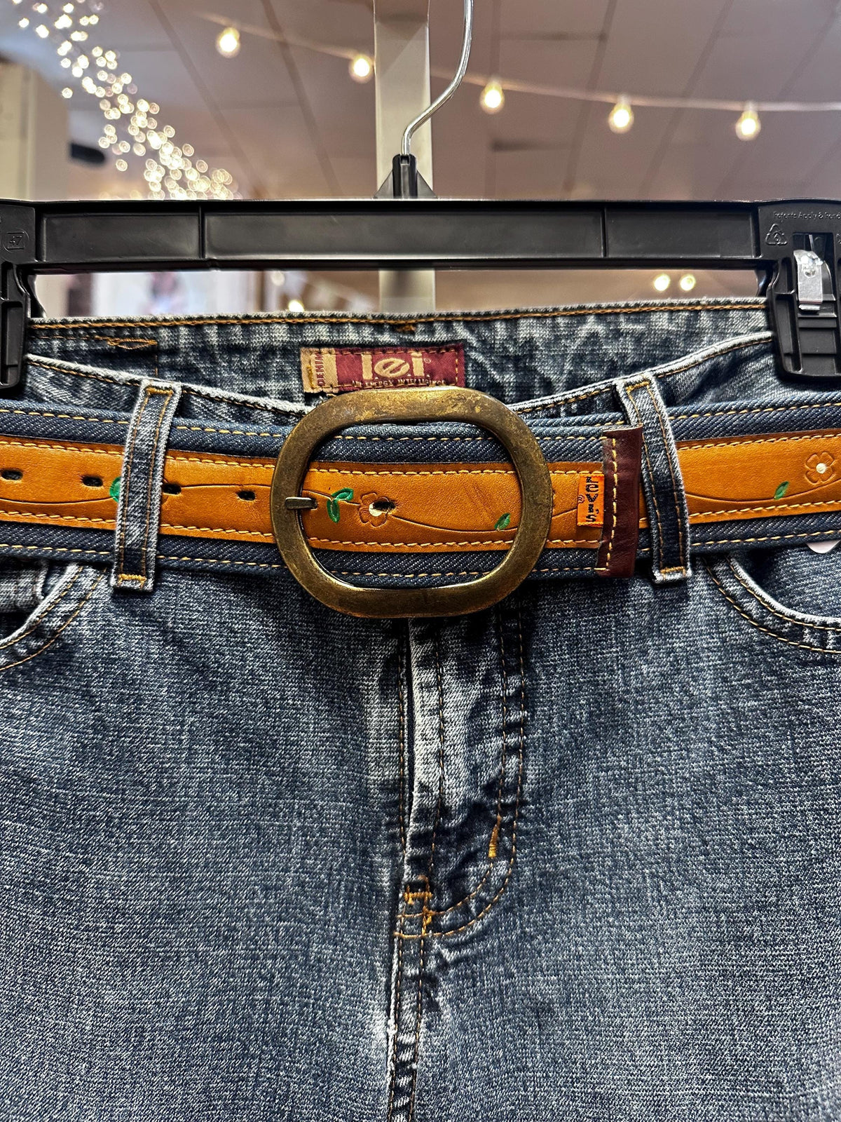 1970s Leather and Denim Hippie Flower Levis Belt XS-S - House of Dow