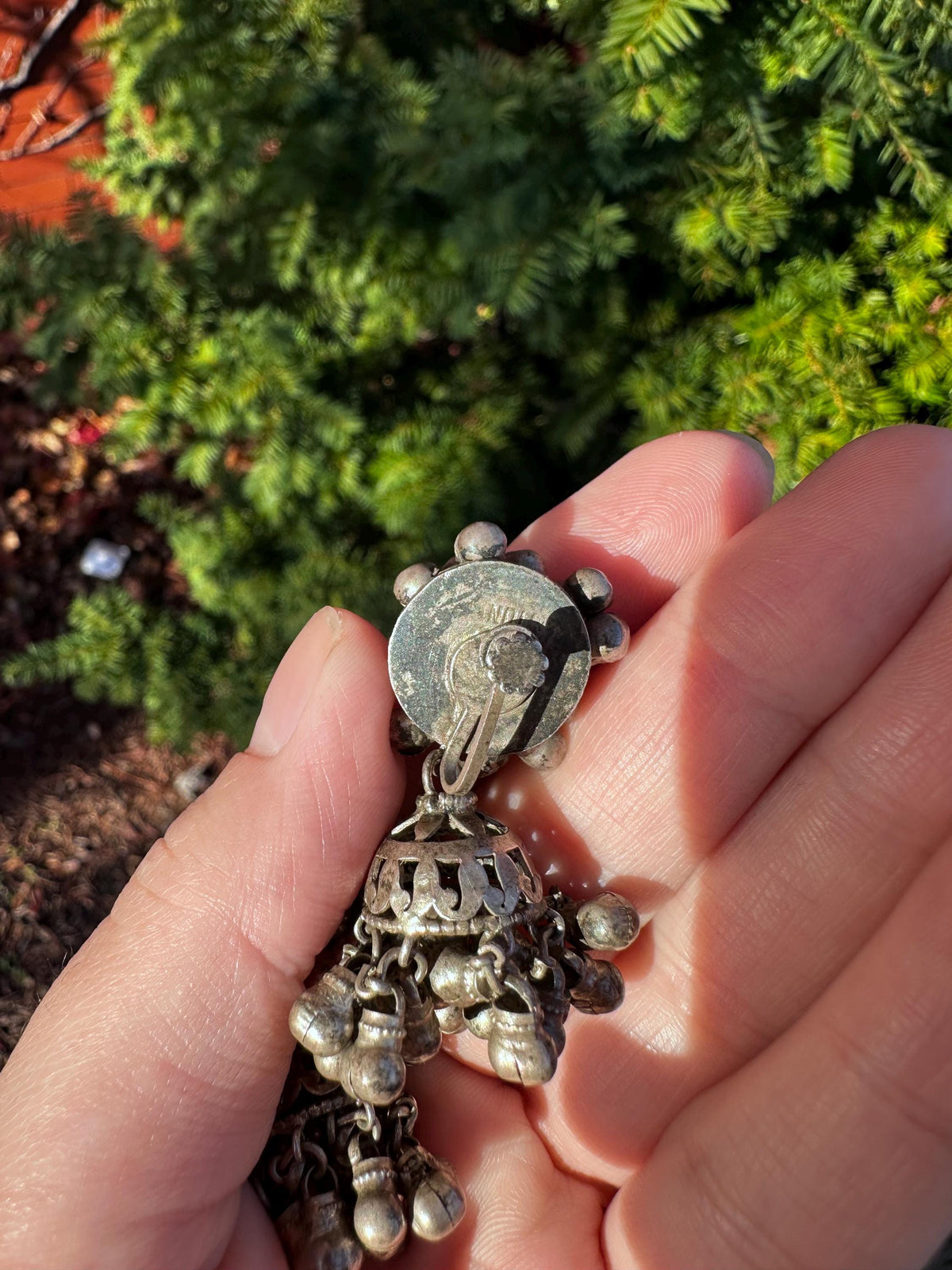 Antique Jhumki Silver Bell Clip on Earrings from Rajasthan - House of Dow