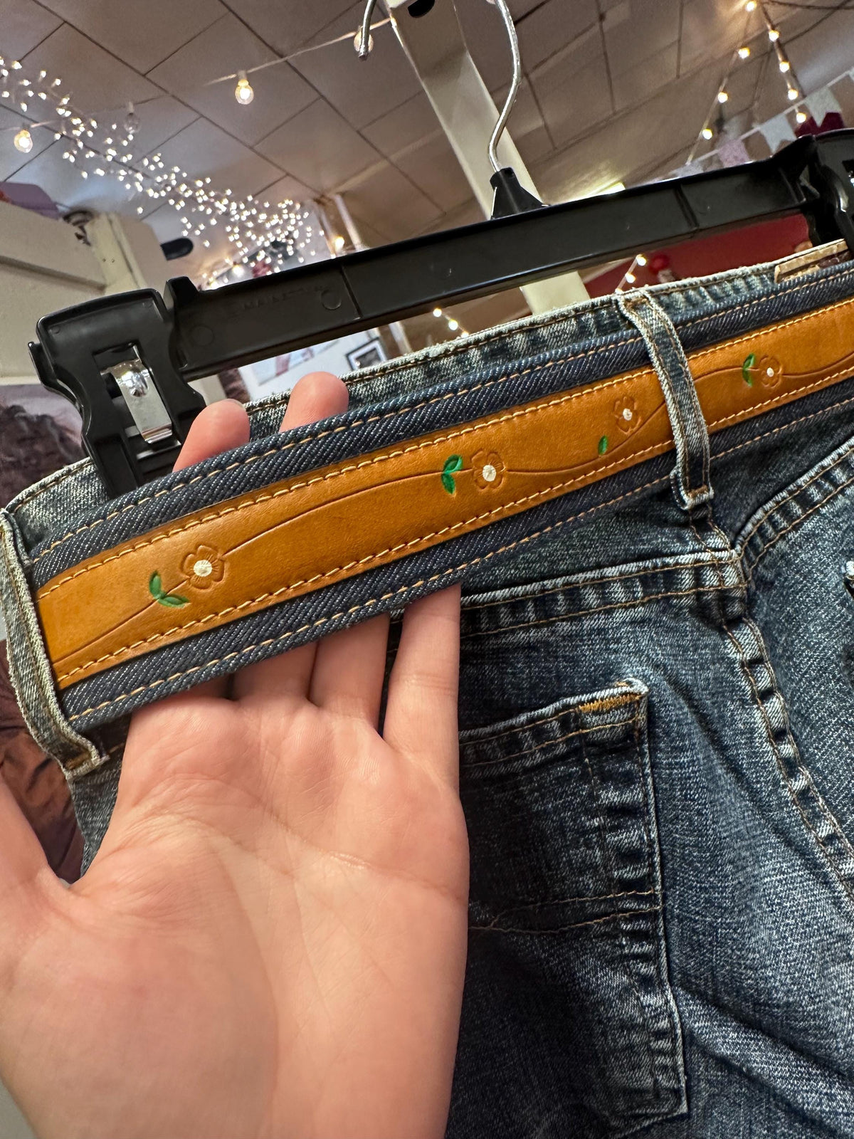 1970s Leather and Denim Hippie Flower Levis Belt XS-S - House of Dow