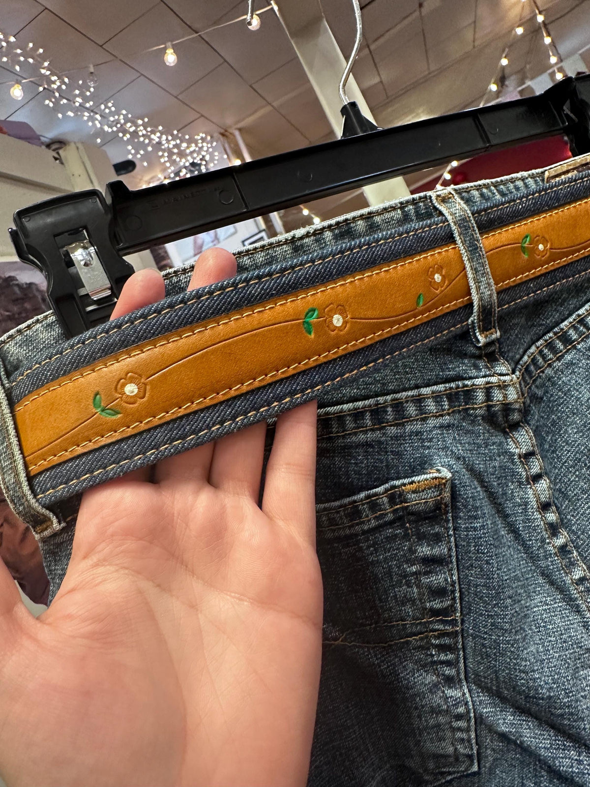 1970s Leather and Denim Hippie Flower Levis Belt XS-S - House of Dow